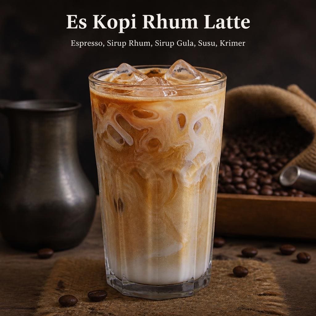 Es Kopi Rhum Latte Kopi Ruang Hati dengan espresso sirup rhum sirup gula susu dan krimer